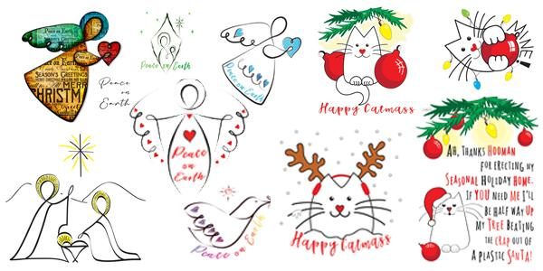 EXAMPLES OF BOTH CAT AND NONE CAT CHRISTMAS CARDS BY KAT PEARSON